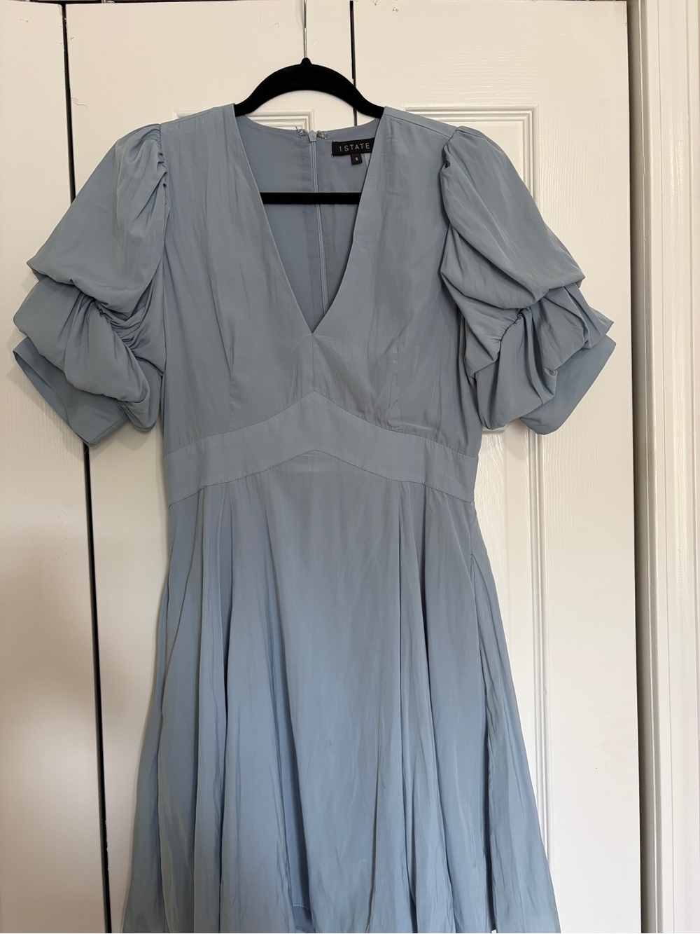 1.STATE Light Blue Midi Dress with Puff Sleeves
